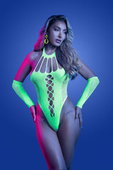 Fantasy Lingerie Glow Black Light Pressure Point Rhinestone Teddy & Gloves