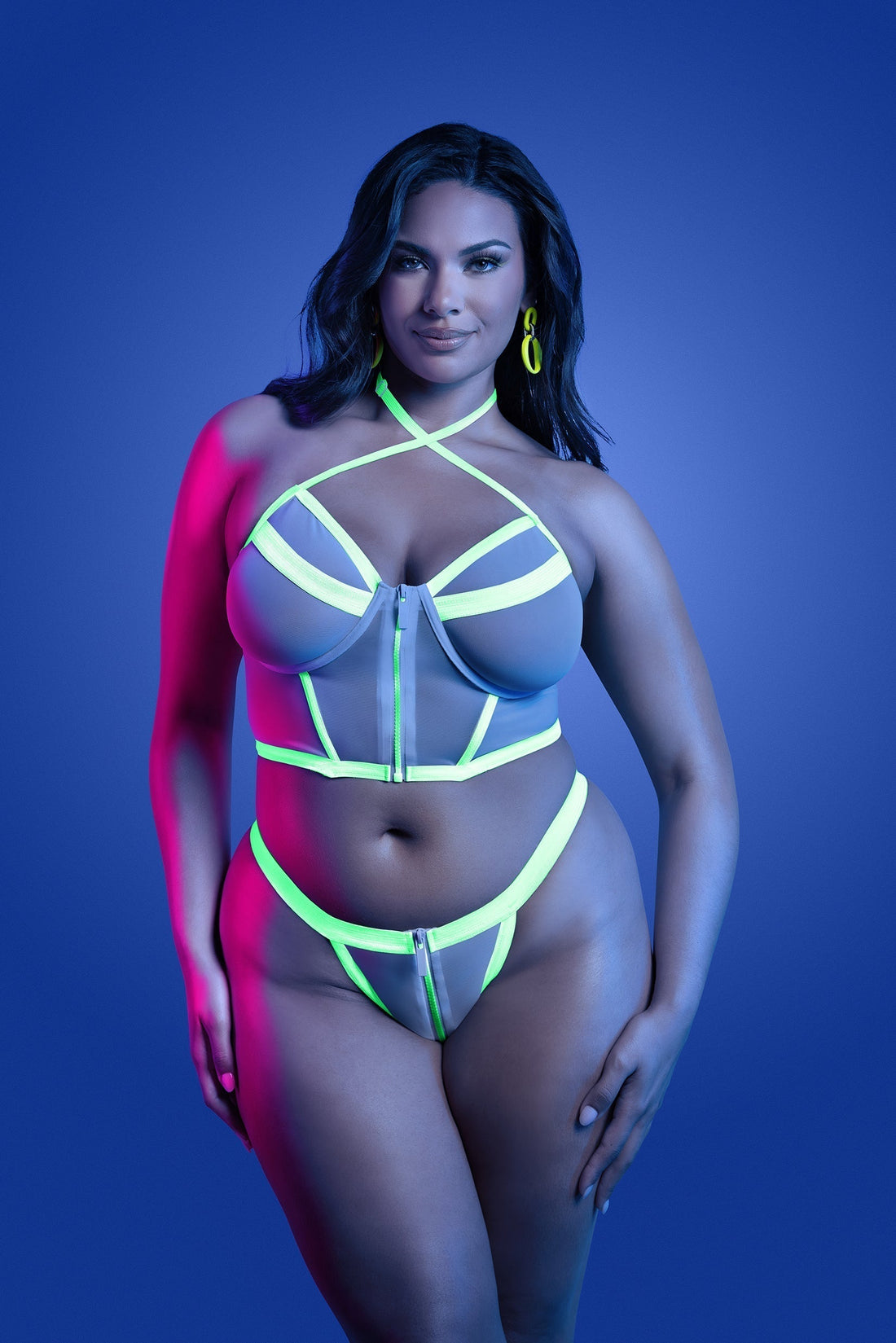 Fantasy Lingerie Queen Glow Black Light Supernatural Zipper Bra Top & Panty Set