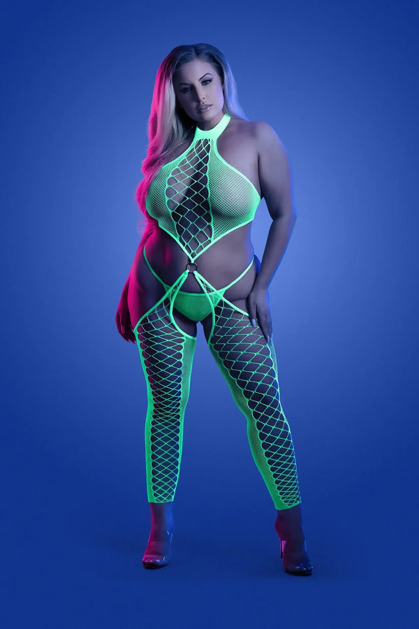 Fantasy Glow Queen High Voltage High Neck Bodystocking & G-string Neon Green