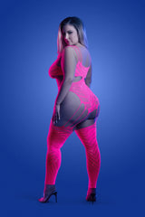 Fantasy Glow Queen Wavelength Cutout Rhinestone Teddy Bodystocking Neon Pink
