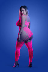 Fantasy Glow Queen Wavelength Cutout Rhinestone Teddy Bodystocking Neon Pink