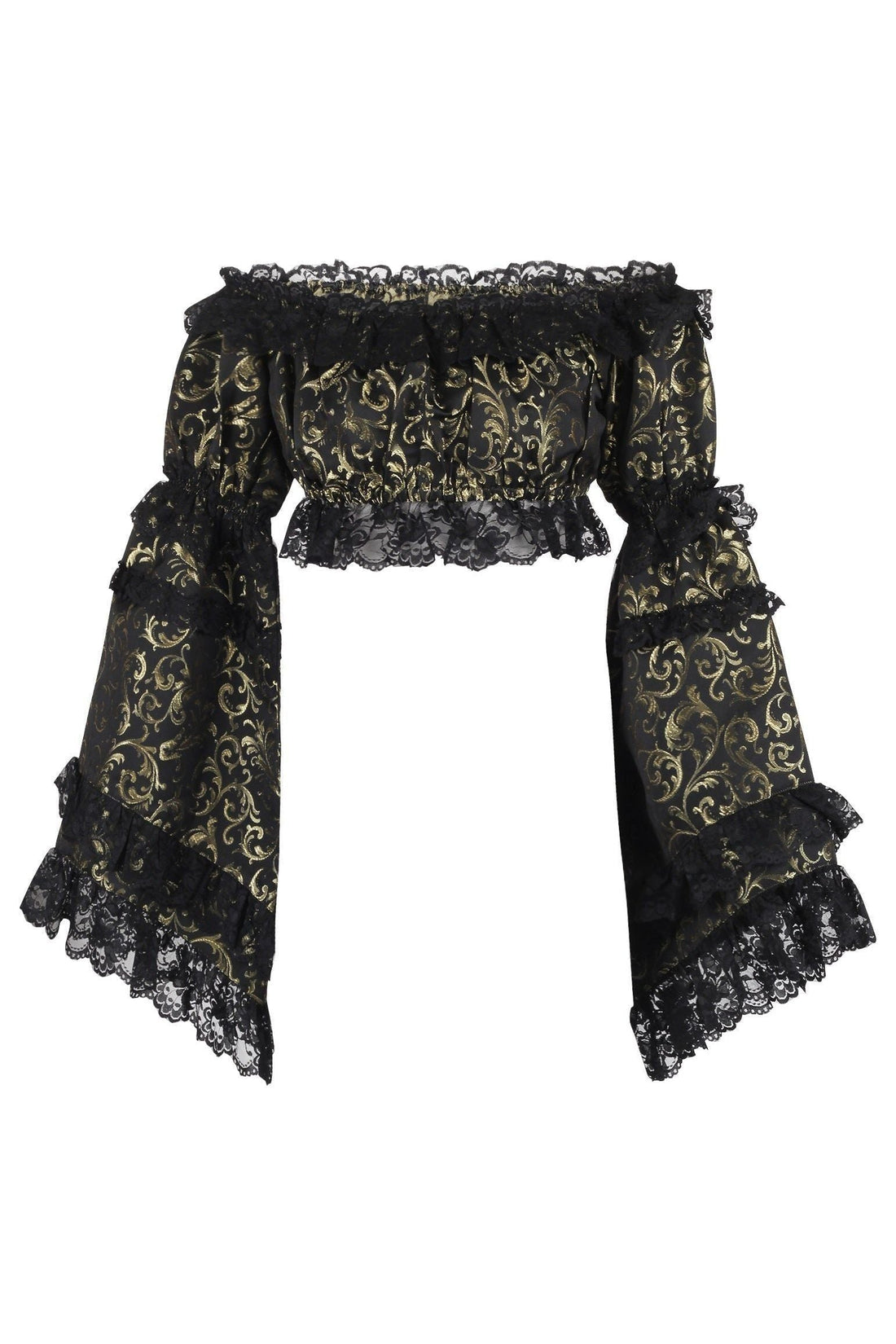 Daisy Corsets Gold/Black Brocade Smocked Flare Sleeve Peasant Top