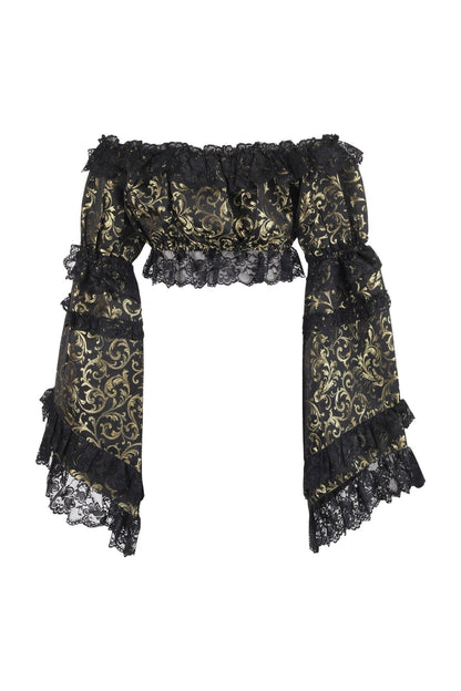 Gold/Black Brocade Smocked Flare Sleeve Peasant Top - Daisy Corsets
