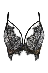 Stunning black eyelash lace longline bra with unique butterfly winged band and frayed ends.