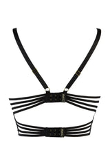 Black Gooseberry eyelash lace longline bra with butterfly winged band and gold hardware.