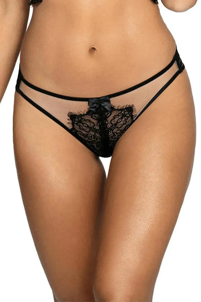 Seductive Axami Gooseberry Lace Thong: elegant black lace on a sheer beige background with a delicate bow.