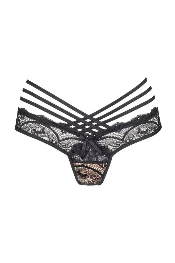 Axami Grafite black strappy tanga thong with delicate lace and flexible stripes.
