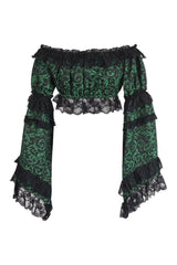 Daisy Corsets Green/Black Brocade Smocked Flare Sleeve Peasant Top