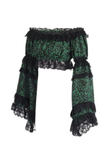 Daisy Corsets Green/Black Brocade Smocked Flare Sleeve Peasant Top