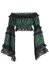 Daisy Corsets Green/Black Brocade Smocked Flare Sleeve Peasant Top