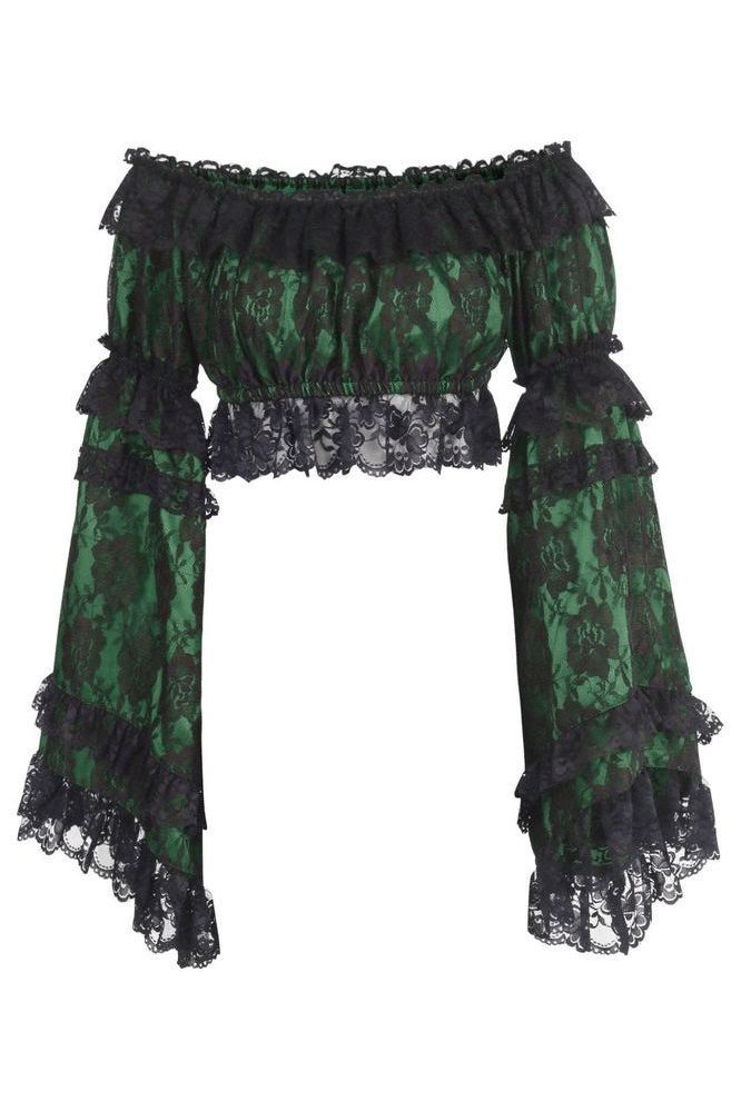 Daisy Corsets Green/Black Lace Smocked Flare Sleeve Peasant Top