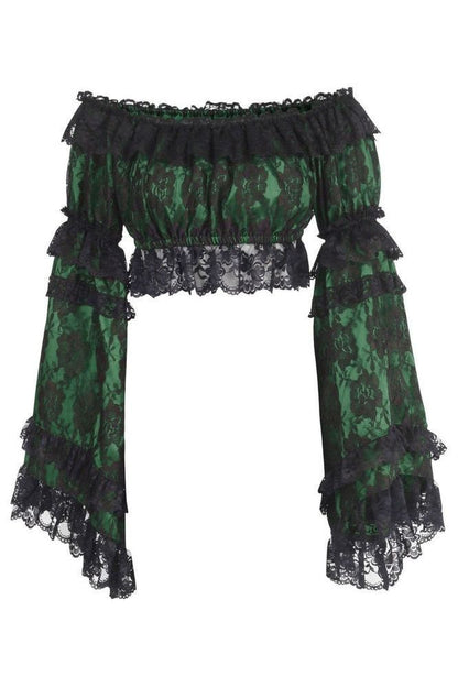 Green/Black Lace Smocked Flare Sleeve Peasant Top - Daisy Corsets