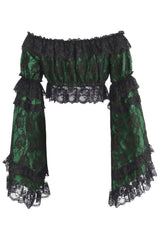 Daisy Corsets Green/Black Lace Smocked Flare Sleeve Peasant Top