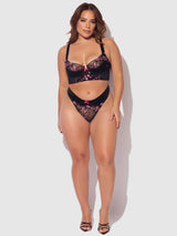House of Desire Queen Harper Embroidery Mesh Bra Set Black with Pink Flowers