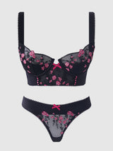 Harper Embroidery Mesh Bra Set Black with Pink Flowers
