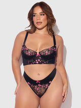 House of Desire Queen Harper Embroidery Mesh Bra Set Black with Pink Flowers