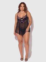 House of Desire Harper See Through Embroidery Mesh Babydoll Set Black with Pink Flowers