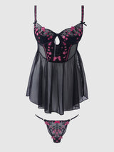 House of Desire Harper See Through Embroidery Mesh Babydoll Set Black with Pink Flowers