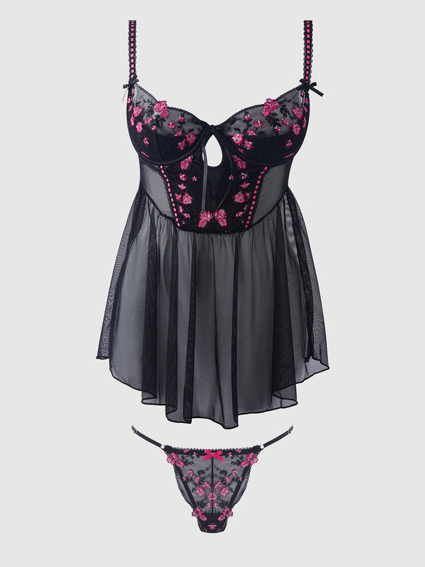 House of Desire Harper See Through Embroidery Mesh Babydoll Set Black with Pink Flowers