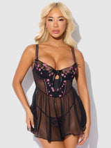 House of Desire Harper See Through Embroidery Mesh Babydoll Set Black with Pink Flowers
