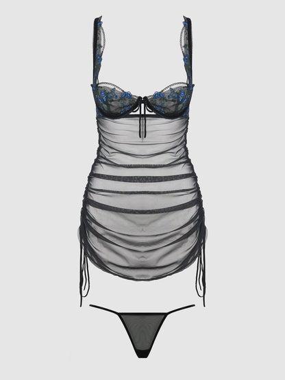 House of Desire Harper See Through Embroidery Mesh Chemise Set Black with Blue Flowers