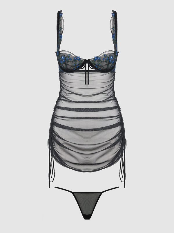 House of Desire Harper See Through Embroidery Mesh Chemise Set Black with Blue Flowers