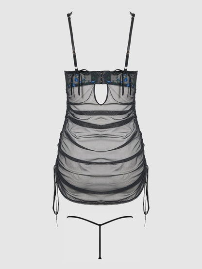 House of Desire Harper See Through Embroidery Mesh Chemise Set Black with Blue Flowers