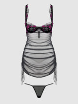 Harper See Through Embroidery Mesh Chemise Set Black with Blue Flowers
