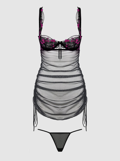 House of Desire Harper See Through Embroidery Mesh Chemise Set Black with Blue Flowers