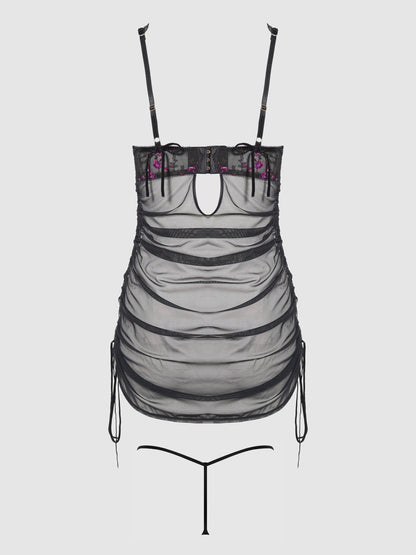 House of Desire Harper See Through Embroidery Mesh Chemise Set Black with Blue Flowers