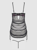 House of Desire Queen Harper See Through Embroidery Mesh Chemise Set Black with Blue Flowers Black/Pink