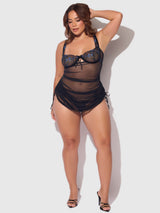 Harper See Through Embroidery Mesh Chemise Set Black with Blue Flowers
