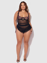 Harper See Through Embroidery Mesh Chemise Set Black with Blue Flowers
