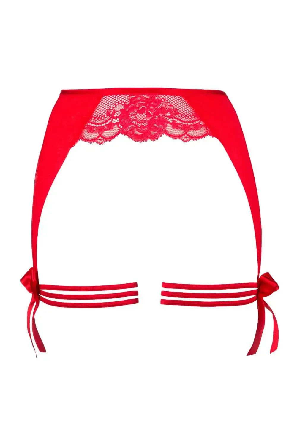 Red lace garter belt with satin bows and subtle transparent tulle.