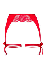 Red lace garter belt with satin bows and subtle transparent tulle.