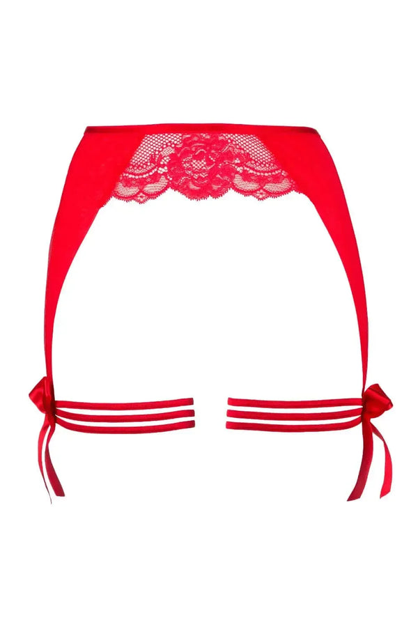 Red lace garter belt with satin bows and subtle transparent tulle.