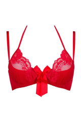 Seductively red quarter cup shelf bra with floral lace and a big satin bow.