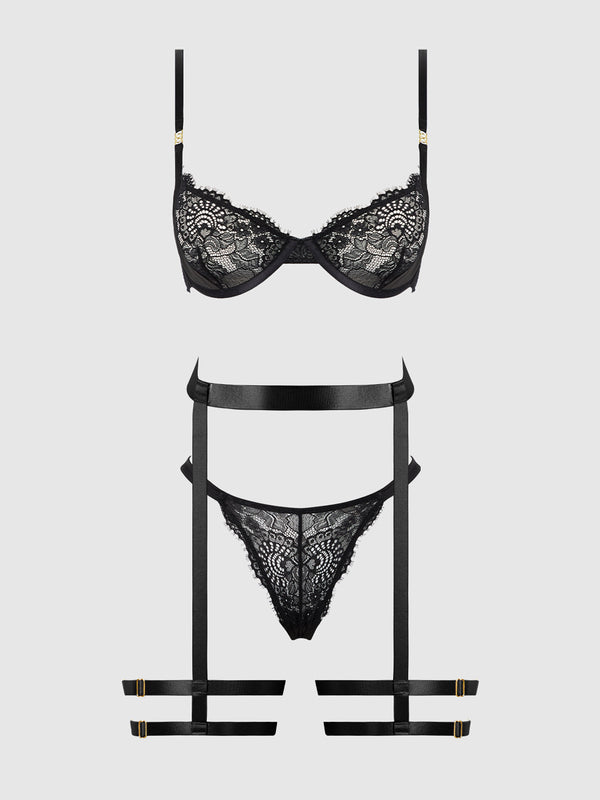 House of Desire Helena Lace Bra, Garter & Open Back Hipster Set