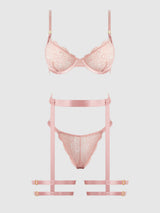 House of Desire Queen Helena Lace Bra, Garter & Open Back Hipster Set Black