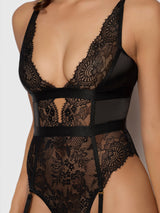 House of Desire Queen Helena Lace & Satin Wireless & Open Back Teddy Black