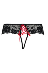 Alluring black lace crotchless thong with floral motif and passionate red lace-up detail.