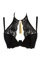 Seductive black lace high-neck push-up bra with a luxurious gold metal tassel.