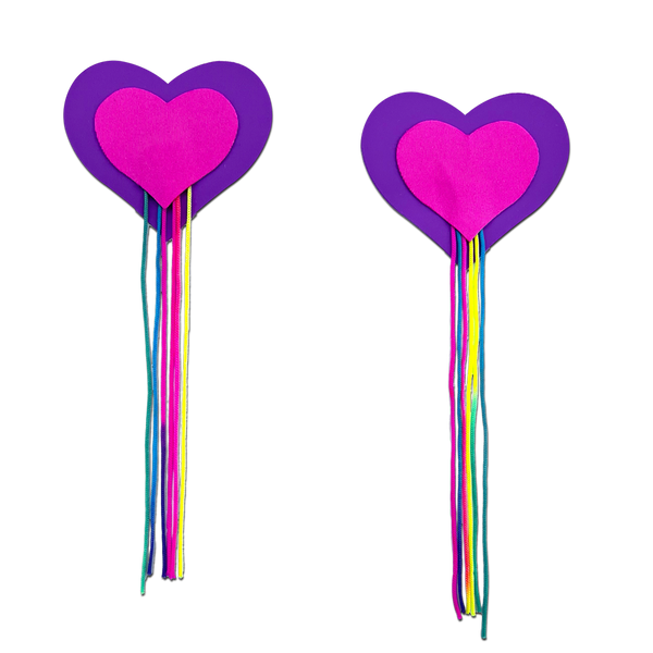 Pastease Hearts w/Fringe Rainbow Tassels - Neon Pink/Purple