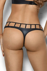 Axami Illusions Caged Thong: black matte latex with geometric stripes, seductively highlighting curves.