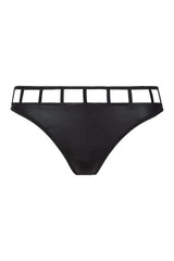 Axami Illusions Caged Thong in matte black latex with a seductive geometric stripe design.
