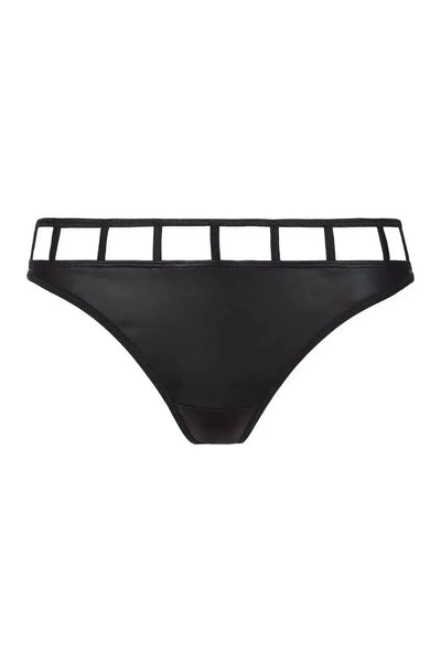 Axami Illusions Caged Thong in matte black latex with a seductive geometric stripe design.