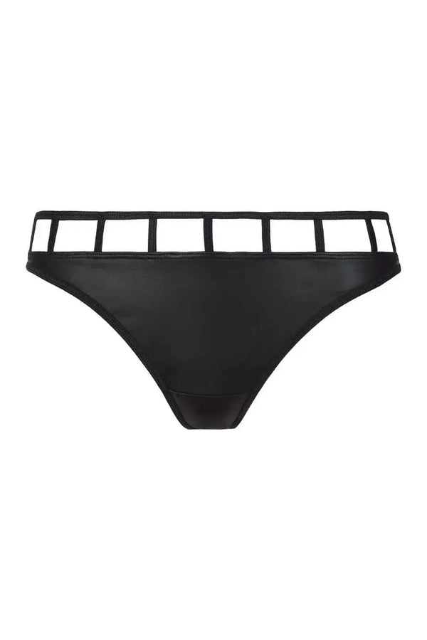 Axami Illusions Caged Thong in matte black latex with a seductive geometric stripe design.