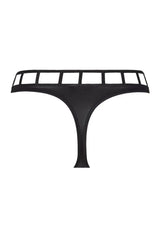 Axami Illusions Caged Thong: black matte latex with geometric stripe cutouts, seductive and sophisticated.