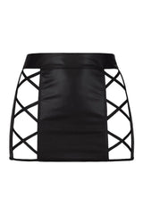 Axami Illusions black matte latex open back skirt with sexy criss-cross side details.