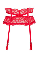 Stunning red lace high-waisted garter belt with unique cut, emphasizing waistline and hips.